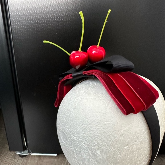 Handmade Designer Fascinator Headband Cherries Red Black Velvet Bow - Picture 2 of 15